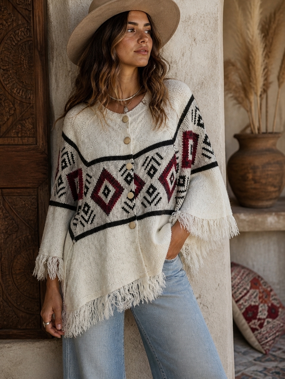 Vintage Knit Poncho Aztec Boho Fringed Cream 70s One Size Jacquard